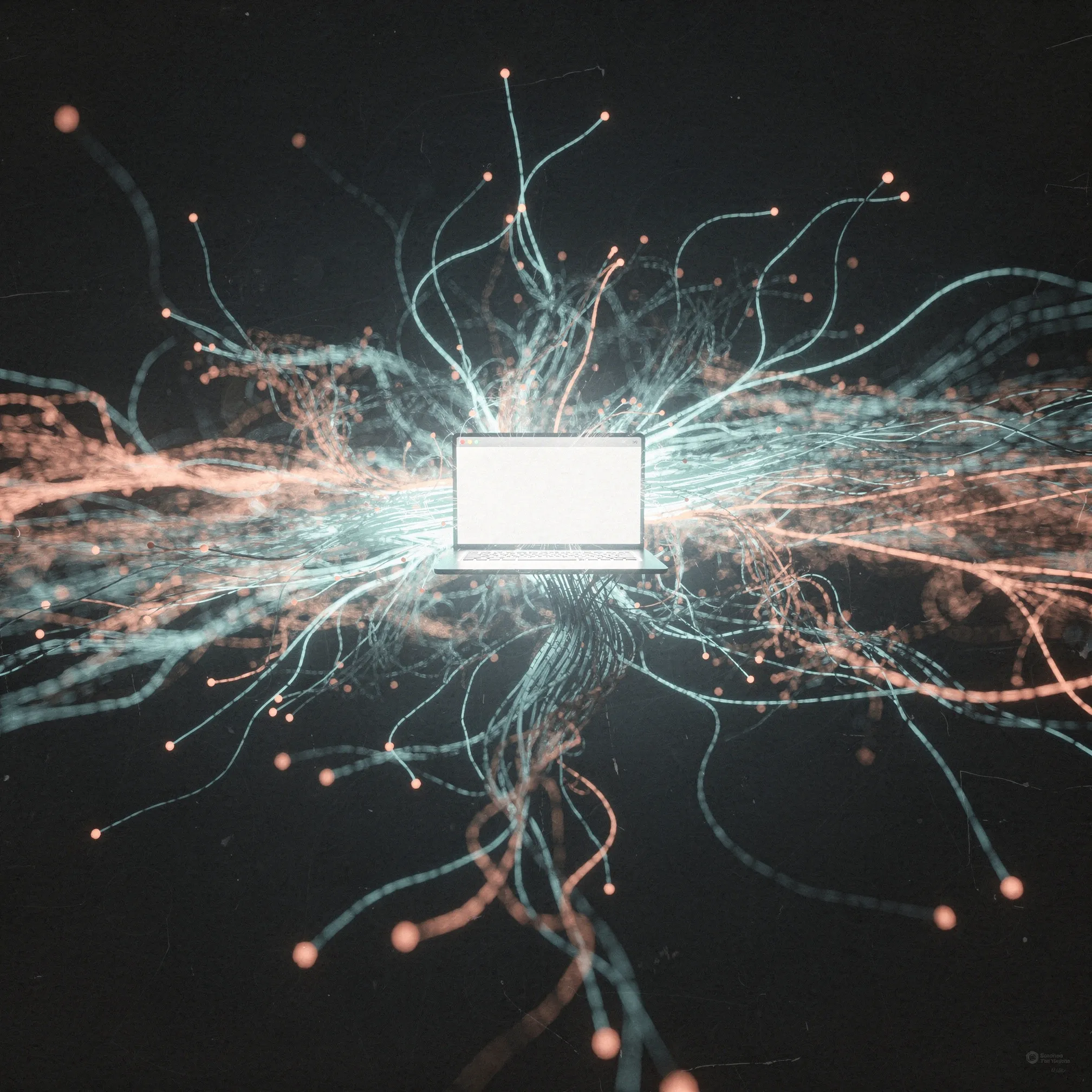 A laptop at center with glowing teal and coral tendrils spreading outward, representing a weekend project exploding into a global phenomenon