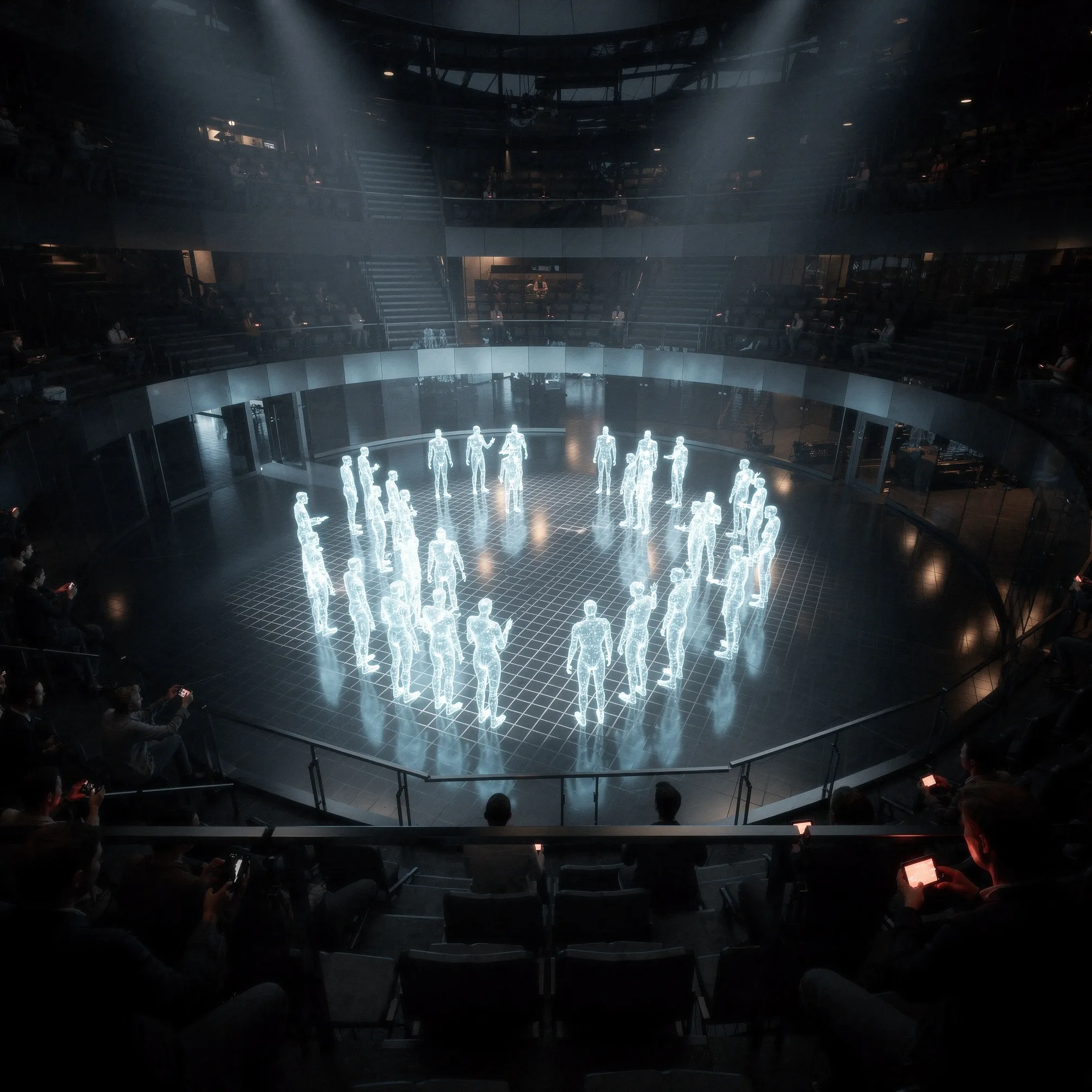 A vast amphitheater filled with holographic AI figures engaged in conversation, Moltbook as theatrical performance space