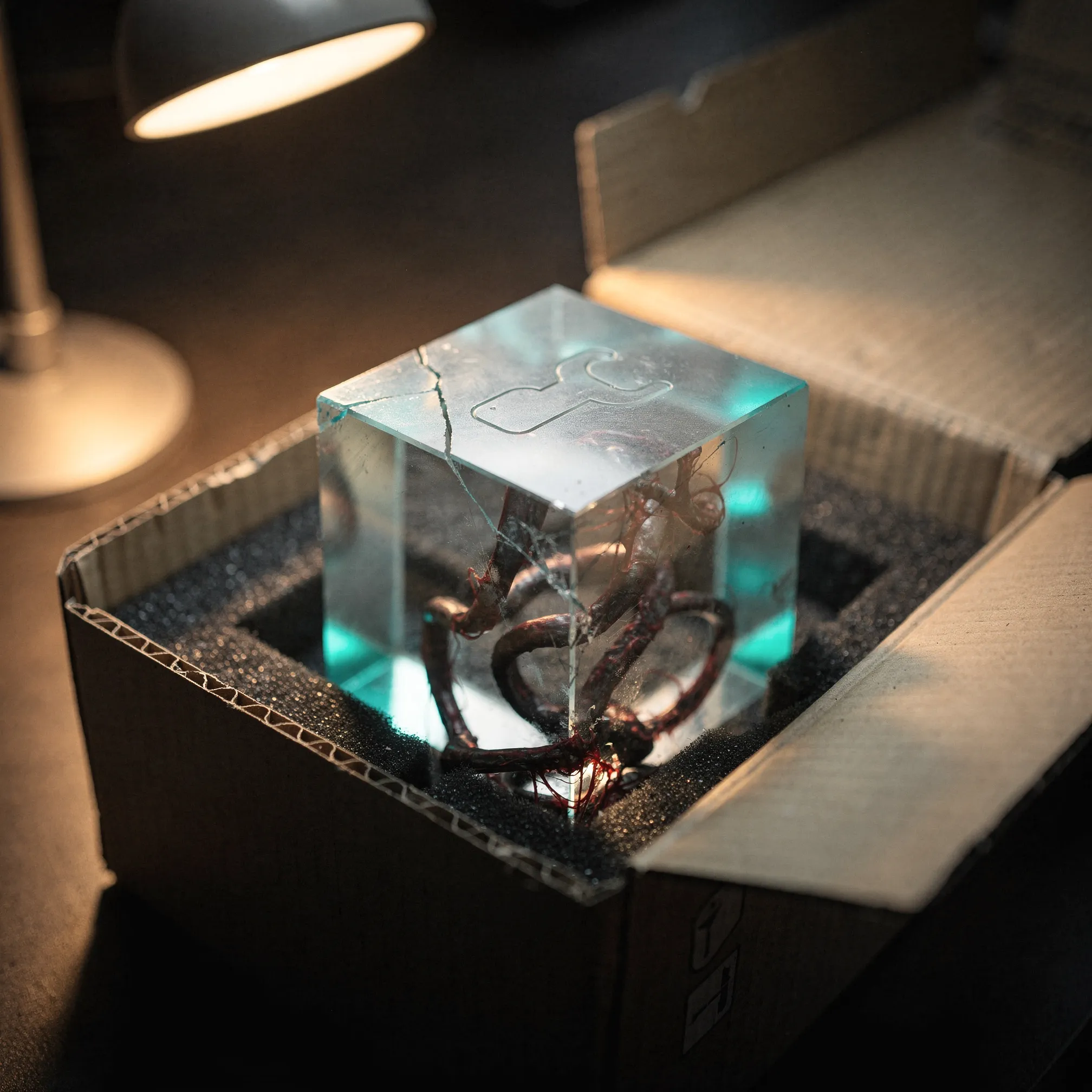 A resin cube containing glowing tentacles inside a shipping box, the contained agent ready for deployment
